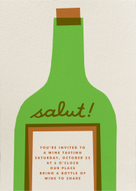 Invitación verde «Salut» con diseño de botella de vino