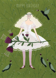 Whimsical Girl, Flowers, Birds Card
