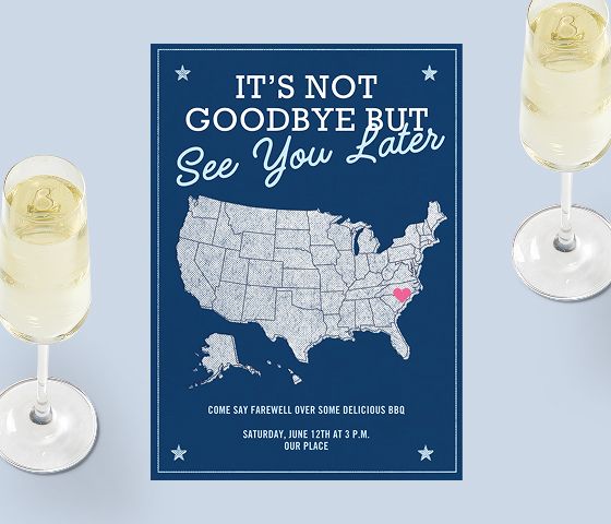 A dark blue farewell party invitation with a map of the United States with a heart over an area on the East Coast and text reading 'IT'S NOT GOODBYE BUT SEE YOU LATER'. 