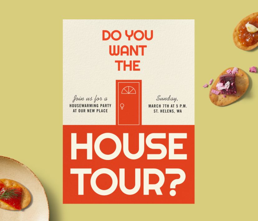 A white and red housewarming invite on a yellow background with bite-sized snacks. The invite reads, ‘Do you want the house tour?’ with an illustration of a red door. 