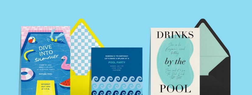 Three pool party invitations on a light blue background. On the left, an invitation next to a yellow envelope featuring an illustration of a pool surrounded by pink tiles with inflatable pool toys. A pair of legs wearing swim fins sticks out. The text reads, ‘Dive into summer.’ At the center is a blue invitation with three rows of swirling waves featuring the text ‘Let’s make a splash at a pool party’. On the right is a white invitation with an illustration of a body of water and text reading ‘Drinks by the pool’ next to a black envelope with teal lining. 