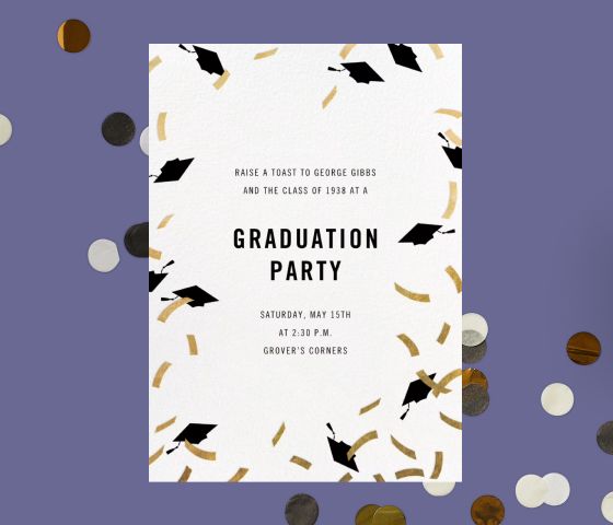 A graduation party invitation with a border of gold confetti and black graduation caps. 