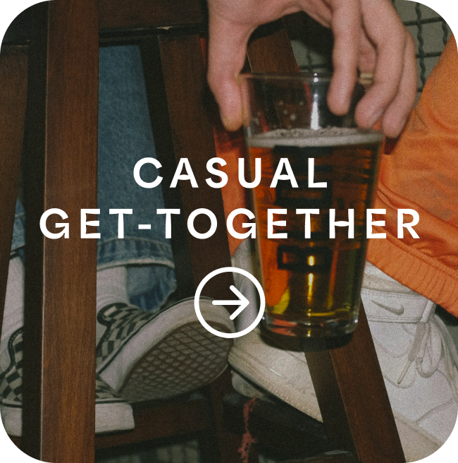 A hand holding a beer with "Casual get-together" text and arrow overlaid