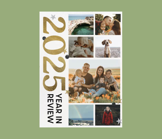A card with seven family photos on the right hand side, with ‘2025 year in review’ set horizontally down the left side of the card in sparkly gold lettering.  