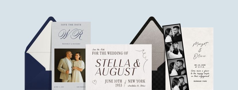 Examples of three wedding save the date cards on a blue background; the first featuring 'W' and 'R' initials in cursive and a photo of the couple paired with a navy envelope, the second featuring black and white text that reads 'Save the date for the wedding of Stella & August' and hand-drawn scribbles, the third featuring a black and white photo strip of the couple paired with a black envelope and silver envelope liner. 