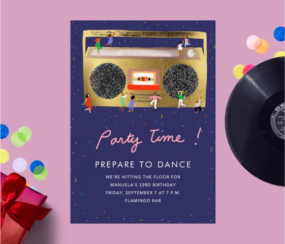 A purple invitation with a gold boombox with a record and confetti on a pink backdrop.
