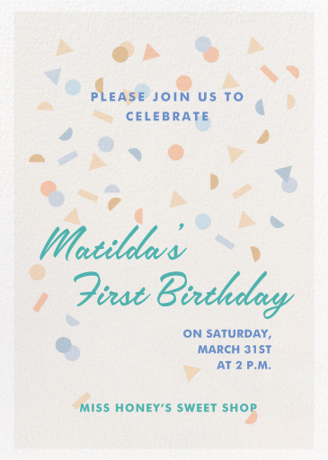 Falling Confetti - First Birthday Invitation by Gold Rush Paper