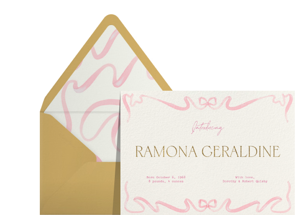 Four birth announcement cards with matching envelopes on a light blue backdrop: A photo card with a floral border, a white card with a pink ribbon border, A card with three different photos, and a black-and-white photo card with blue text and a blue ribbon border. 