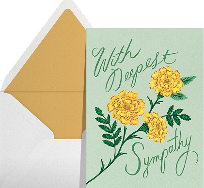 A light green card with large yellow flowers and dark green cursive text reading 'With Deepest Sympathy'. 