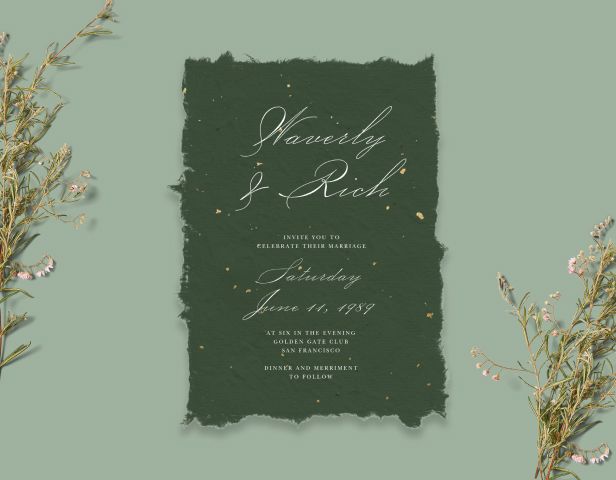 A light green background with pink flowers and leaves paired with a dark green wedding invitation featuring torn edges and script font.