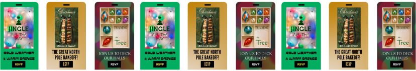 Un banner con degradado verde en el que aparecen tres diseños de invitaciones navideñas: una colorida invitación para la fiesta «Jingle All the Way», una invitación para el intercambio de galletas «The Great North Pole Bakeoff!» y una festiva invitación «Join Us to Deck Our Halls». A la derecha, un texto en negro reza «FOLLETO DE PAPERLESS POST» y «Invitaciones por mensaje de texto que se adaptan a tu estilo navideño», encima de un botón blanco que dice «EXPLORAR EL FOLLETO».