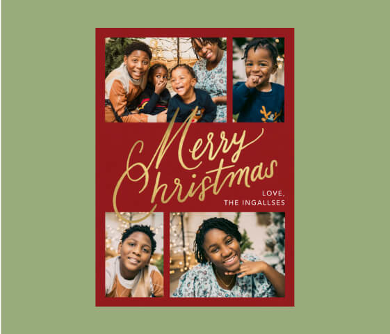 A red Christmas card with four family photos, with ‘Merry Christmas’ written in a gold loopy font in the center. 