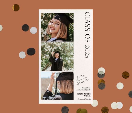 A graduation announcement card with three photos of the graduate, over a brown backdrop with gold, silver, and white confetti. 