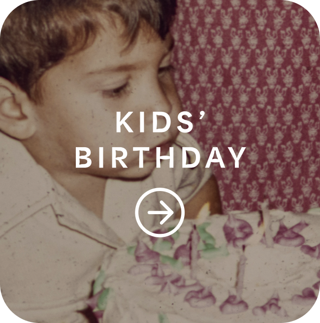 Kid blowing out candles with "Kids' Birthday" text and an arrow overlaid