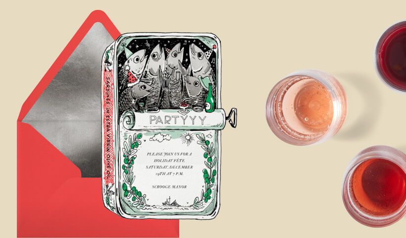 A card shaped like a sardine tin with watercolor illustrations of fish and rolled down lid reading ‘partyyy’, set on a red envelope with a silver liner, on a tan background with three sparkly, red drinks.