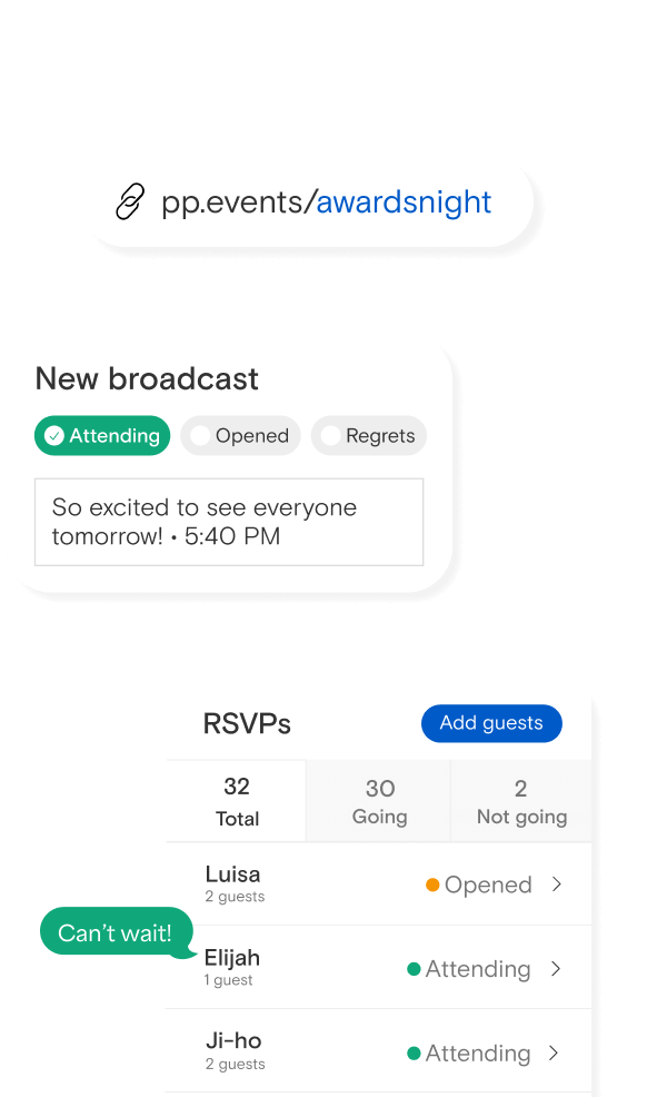 Product demonstrations for custom links, broadcast messages to guests, and RSVP collection