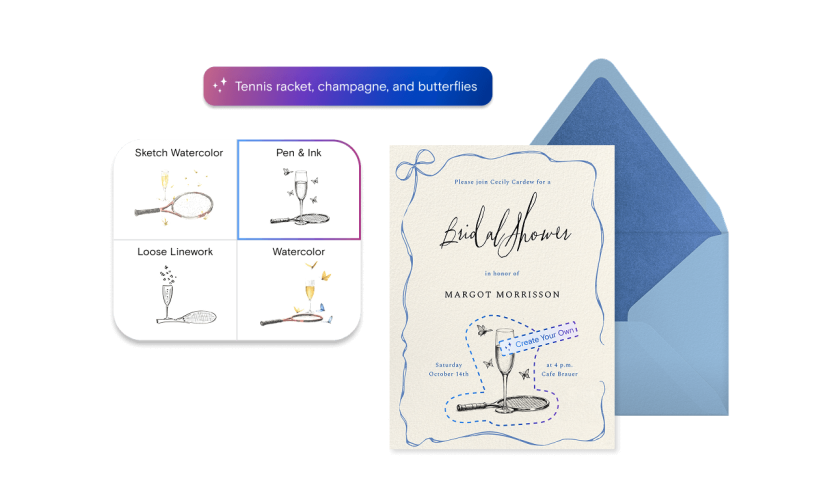 An example of how to use Paperless Post's Magic Art feature, with a text prompt that reads 'tennis racket, champagne, and butterflies,' four different illustration style options, and a bridal shower invitation with the created illustration paired with a blue envelope and liner. 