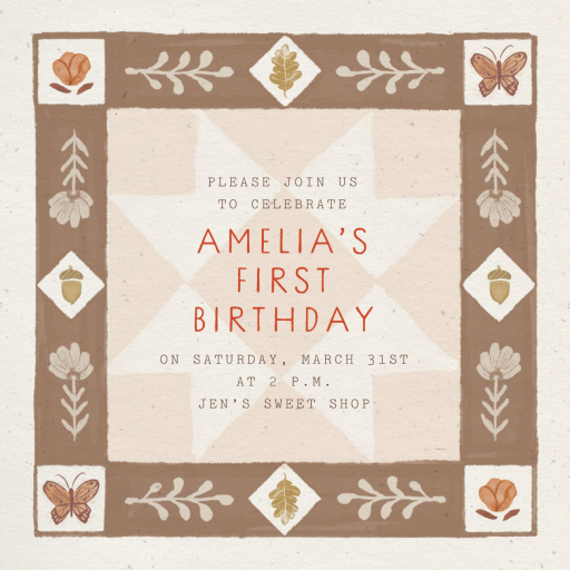 Nature Quilt - First Birthday Invitation by Merrilee Liddiard
