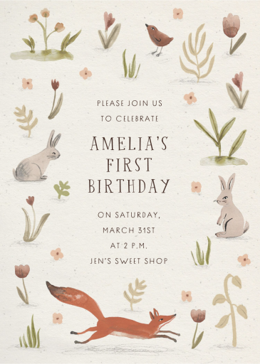 The Fox and the Hare - First Birthday Invitation by Merrilee Liddiard