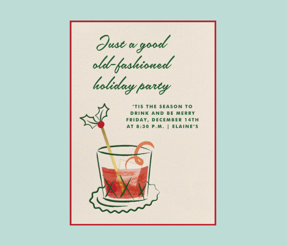 Una invitación de color beige con cuatro bebidas de color rojo intenso y adornos festivos.
