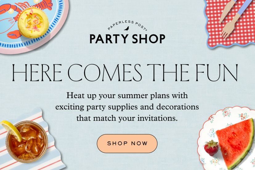 A fork and knife atop a red gingham napkin, strawberry-themed candles, a pack of strawberry seeds, a red gingham cup, yellow honeycomb paper décor, a slice of watermelon and a strawberry atop a floral plate, a glass of iced tea with a lemon wedge atop a red, white, and blue striped napkin, and a yellow cupcake atop a lobster-illustrated plate next to a yellow, red, and white napkin are propped against a powder blue rectangular backdrop with a Paperless Post Party Shop logo and text that reads, "Here comes the fun" with a “shop now” CTA button below.