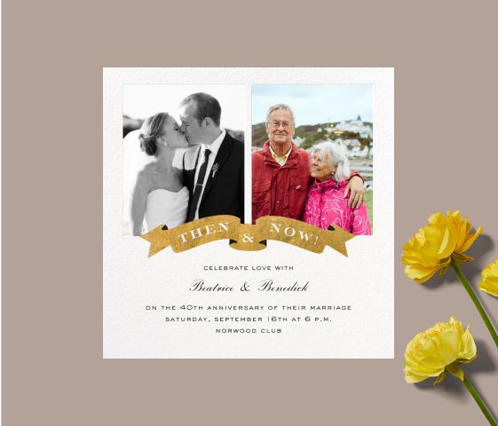 A square invitation for a 40th anniversary party with two side-by-side photos depicting the 'then and now' of a couple from their wedding day and today.