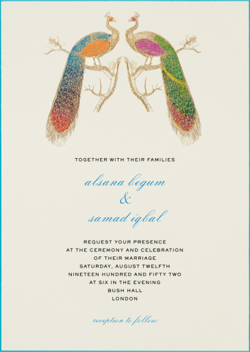 Hand Painted Peacock Double - Engagement Party Invitation by Bernard Maisner
