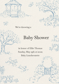 Einladungskarte für eine Babyparty im Stil „Blue Toile Garden“