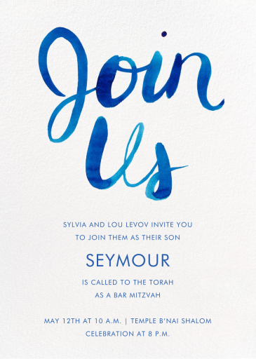 Join Us (Watercolor Script) - Bar & Bat Mitzvah Invitation by Linda and Harriett
