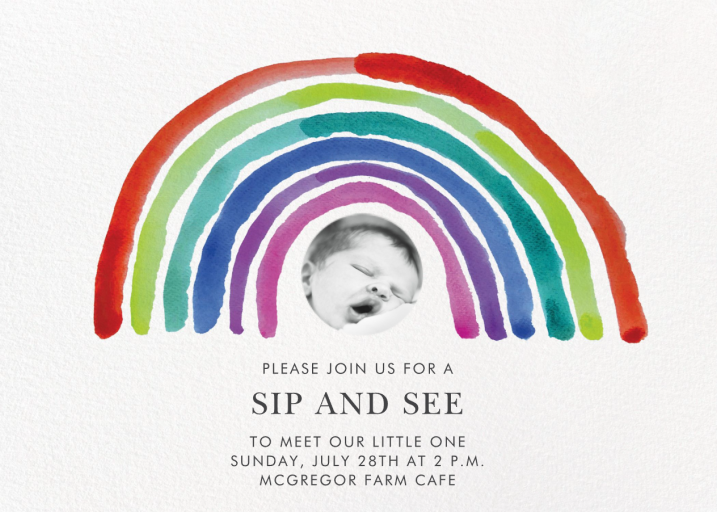 Watercolor Rainbow Photo - Sip and See Invitation by Linda and Harriett