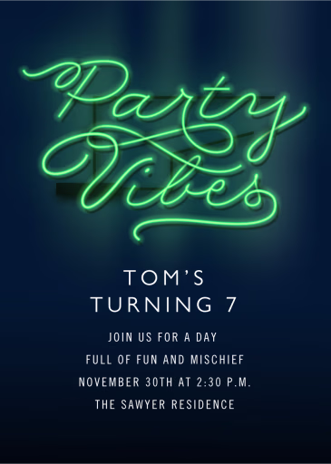 Party Vibes Green Neon Sign - Birthday Invitation by Cheree Berry Paper & Design