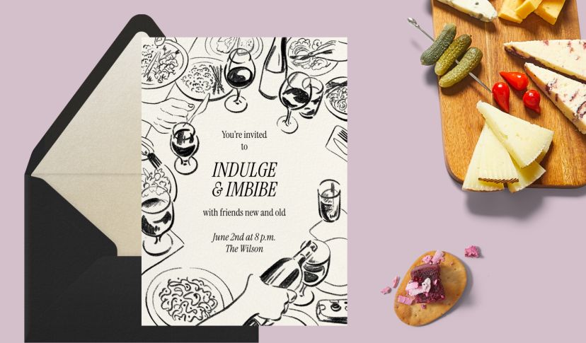 Black-and-white illustrated dinner party invitation with wine and food sketches, displayed with a dark envelope and a charcuterie board on a soft mauve background.