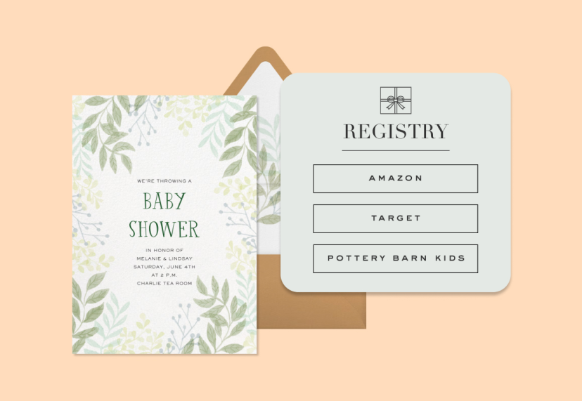 A white baby shower invitation with green leaves and an event Registry Block with links to Amazon, Target, and Pottery Barn Kids on an orange backdrop. 