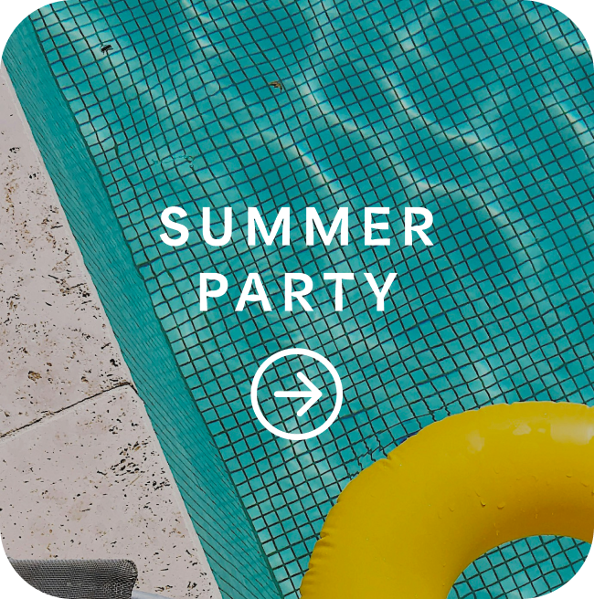 A swimming pool and a floaty taken from above with "Summer Party" text and an arrow overlaid