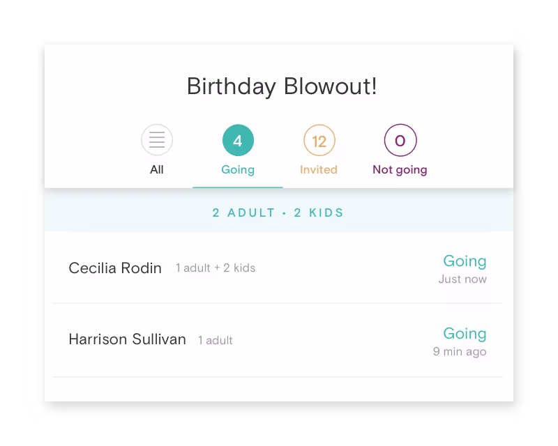 A preview of a user's guests RSVPing to a birthday party.