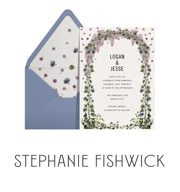 Text that reads 'Stephanie Fishwick' paired with a wedding invitation that features a pink floral and leaf border, a blue envelope, and matching floral envelope liner. 