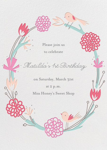 Birdie Makes A Wreath - First Birthday Invitation by Little Cube
