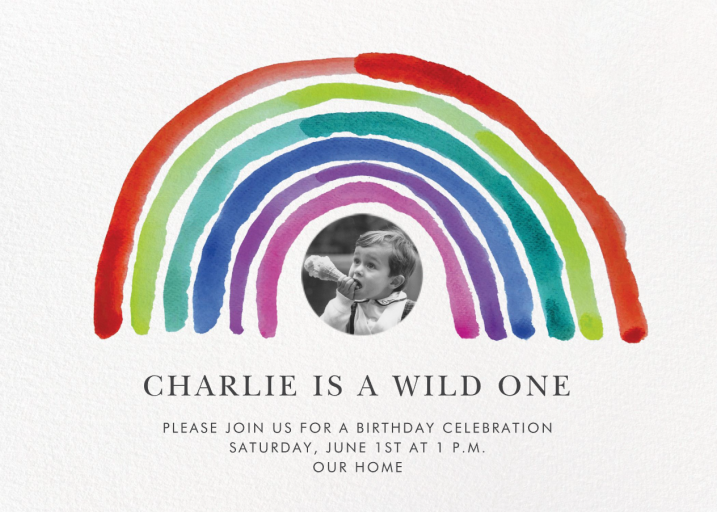Watercolor Rainbow Photo - First Birthday Invitation by Linda and Harriett