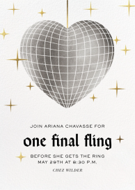 Invitación con bola de discoteca en forma de corazón y estrellas