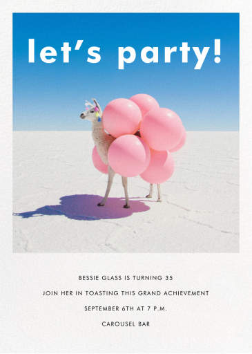 Llama with Balloons - Birthday Invitation by Gray Malin