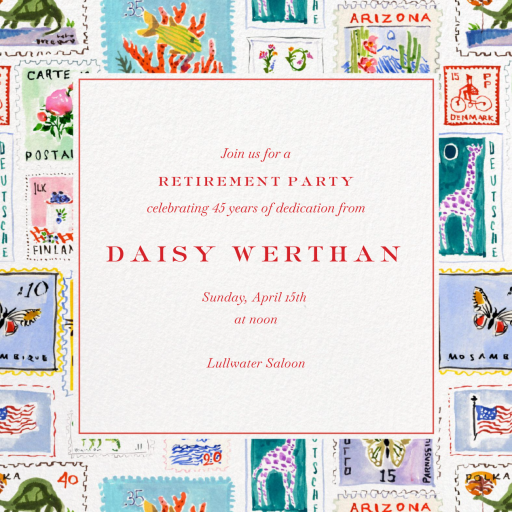 Postage Stamps (Inslee Fariss) - Retirement and Farewell Party Invitation by Dogwood Hill