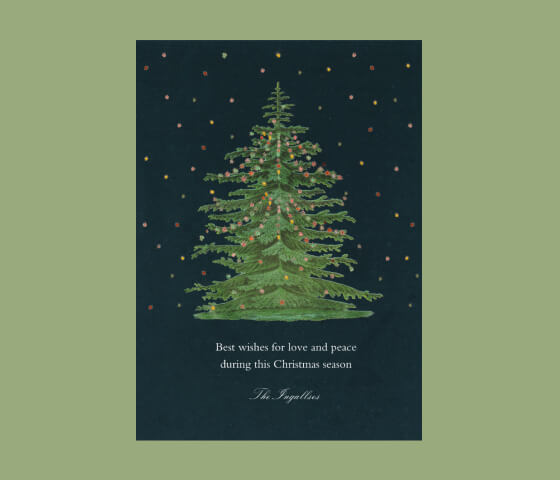 A Christmas card with a decorated tree on a dark background and starry sky that reads ‘best wishes for love and peace during the Christmas season.’ 