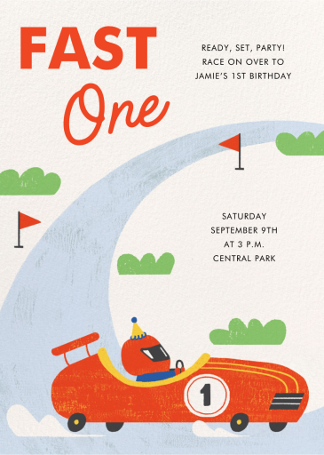 Speedy Race Car - First Birthday Invitation by Paperless Post