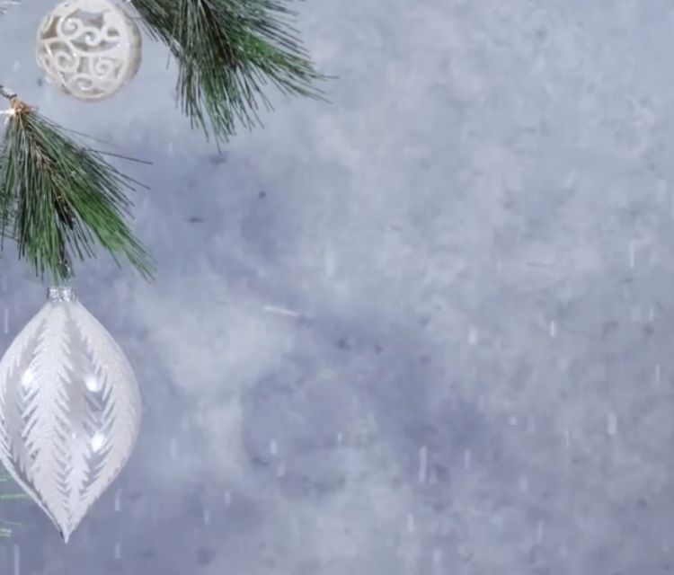 A snowy background with snow-covered pine branches, ornaments, and string lights. 