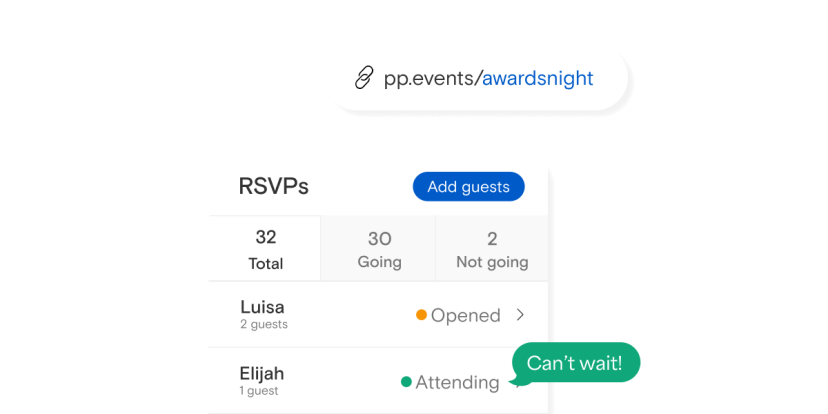 Product demonstrations for custom links, broadcast messages to guests, and RSVP collection