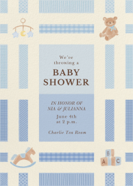 Einladung zur Babyparty mit blauem Quilt-Motiv