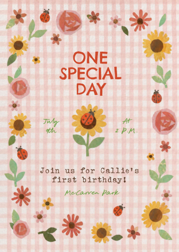 Ladybug Gingham Floral Invitation