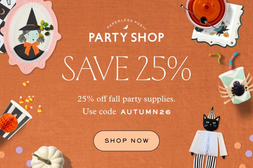 A promotion header that reads ‘25% off party supplies’ paired with text that reads ‘Adorn your space with coy autumn décor just in time for your next gathering and take 25% off any order. Use code AUTUMN26. Sale ends 9/8’ followed by a ‘Shop now’ CTA button against a horizontal dark orange backdrop. Right: Halloween props such as a papier-mache spider cup, gummy worms, a papier-mache cat wearing a party hat, an illustration of a witch in an ornate mirror, a silver crescent moon, a white pumpkin, a skeleton in an ornate mirror, a blue cupcake, jelly beans, and confetti sit against a dark orange backdrop.
