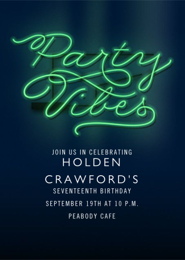Party Vibes Green Neon Sign - Birthday Invitation by Cheree Berry Paper & Design