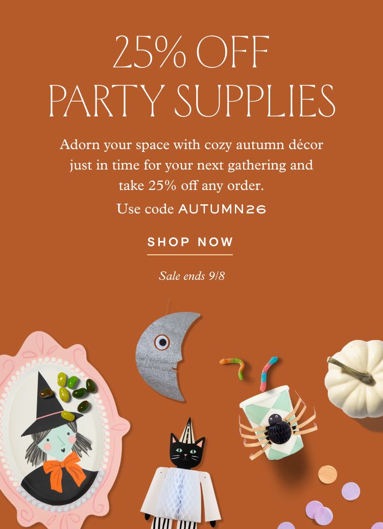 A brown backdrop with the message “25% off party supplies” featuring Halloween-themed party decorations